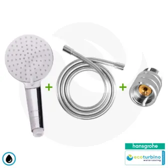 hansgrohe Crometta Vario, SET de 2 chorros + ecoturbino® 10 Legio | ET10L adaptador de ahorro de agua + flexo de ducha + alcachofa de ducha