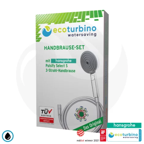 hansgrohe Pulsify Select S 105 3-Strahl Handbrause SET + ecoturbino® das Original | ET10L Wasserspar Adapter + Duschschlauch + Duschkopf