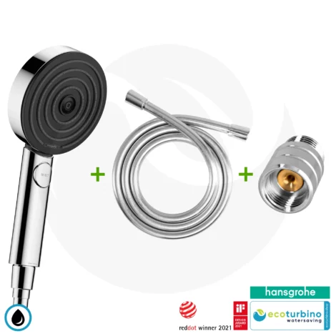 hansgrohe Pulsify Select S 105 3-Strahl Handbrause SET + ecoturbino® das Original | ET10L Wasserspar Adapter + Duschschlauch + Duschkopf | silber