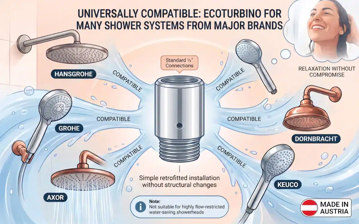 ecoturbino water saving | Suitable for all standard single-jet hand showers without a water-saving function, from all manufacturers